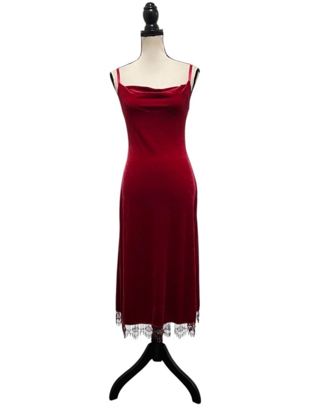 Vintage Betsey Johnson New York Velvet Beaded Fringe Cowl Neck Slip Dress M FLAW